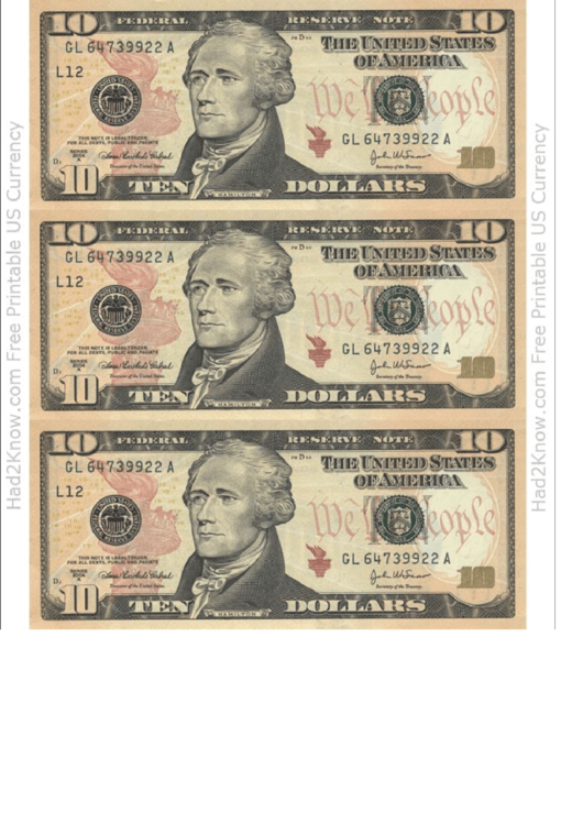 Ten Dollar Bill Template - Front printable pdf download