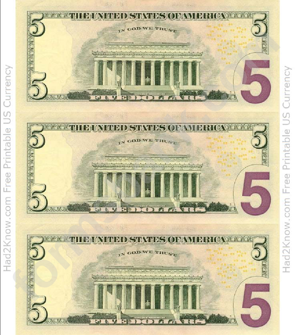 Five Dollar Bill Template Back Printable Pdf Download