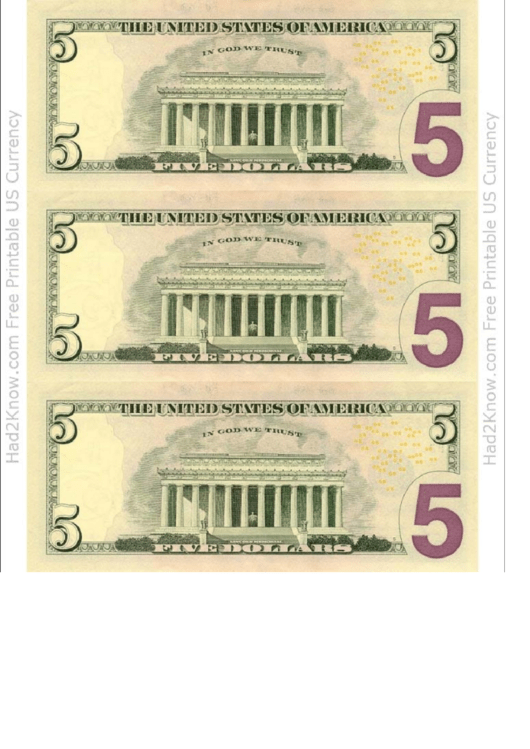 Five Dollar Bill Template - Back Printable pdf