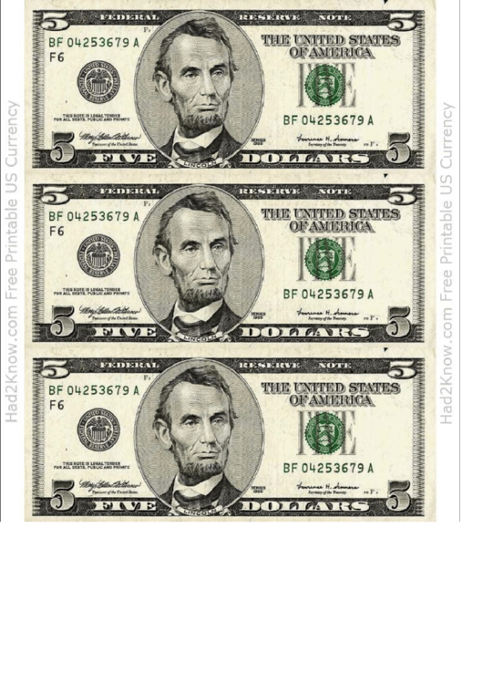 Five Dollar Bill Template - Front Printable pdf