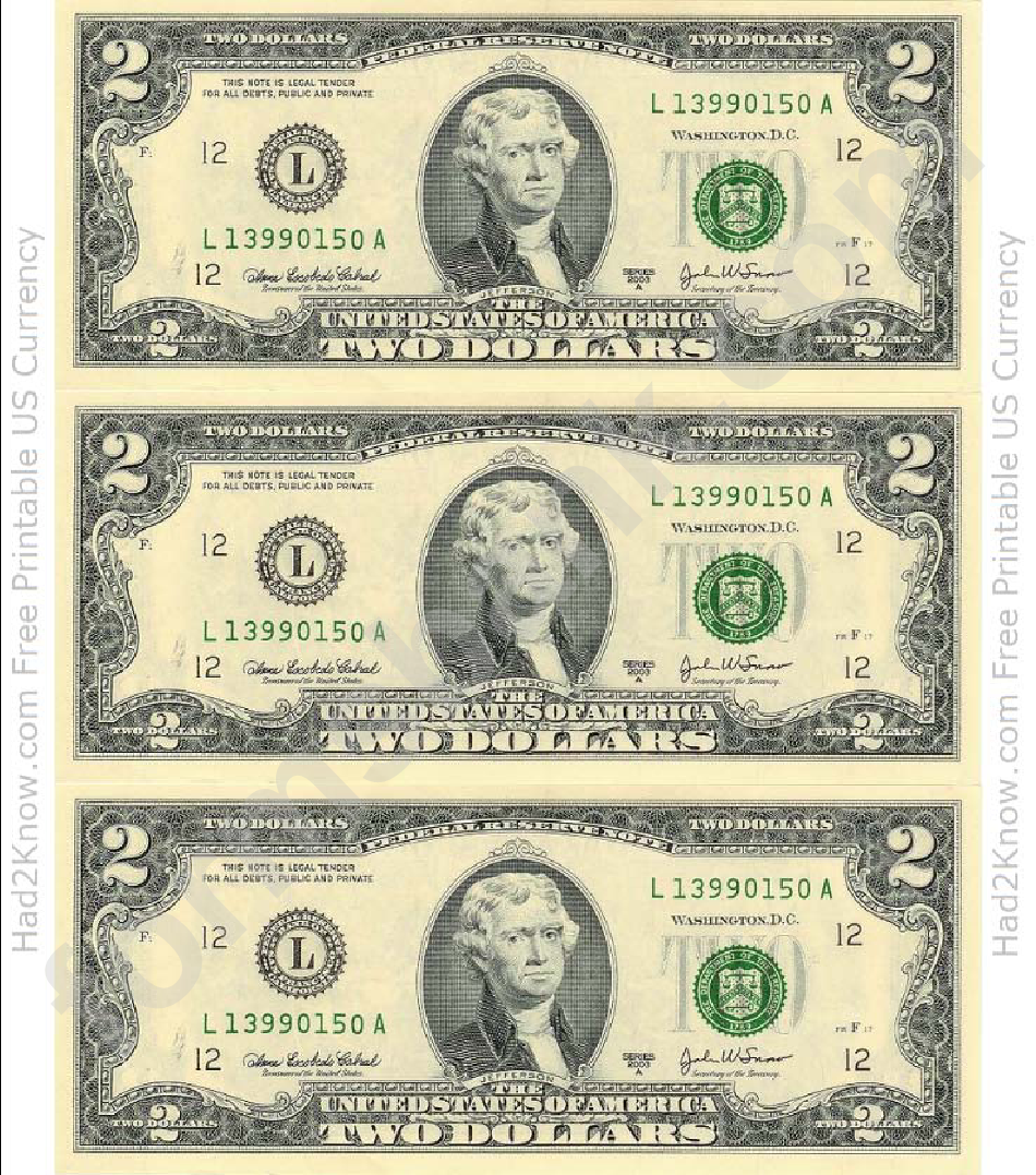 Printable 2 Dollar Bill