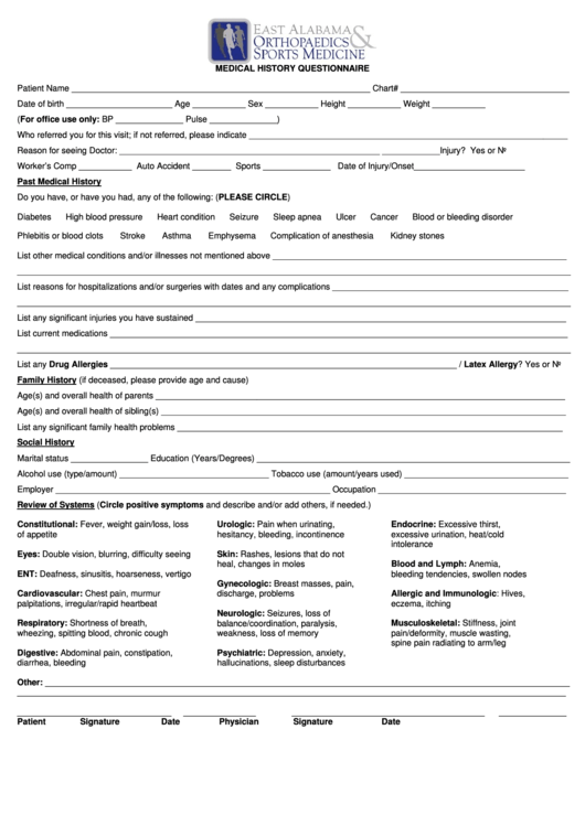 Medical History Questionnaire Printable pdf