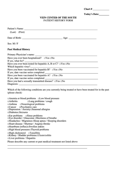 Vein Center Of The South Patient History Form Printable pdf
