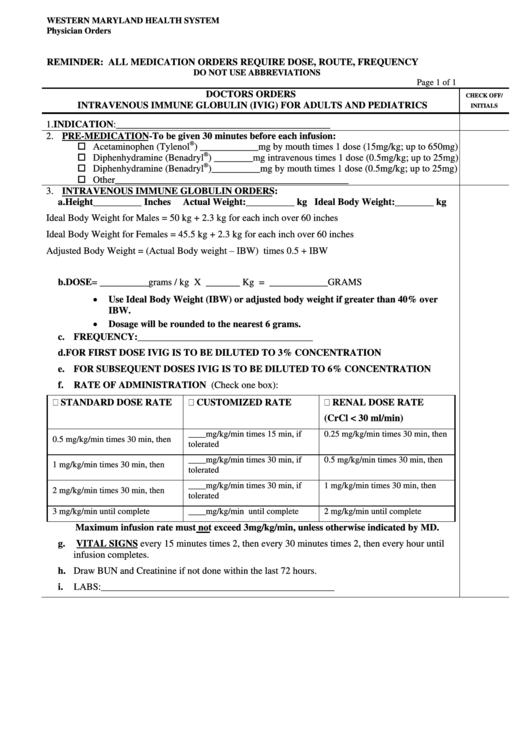 Western Maryland Health System Physician Orders Doctors Orders Intravenous Immune Globulin (Ivig) For Adults And Pediatrics Printable pdf