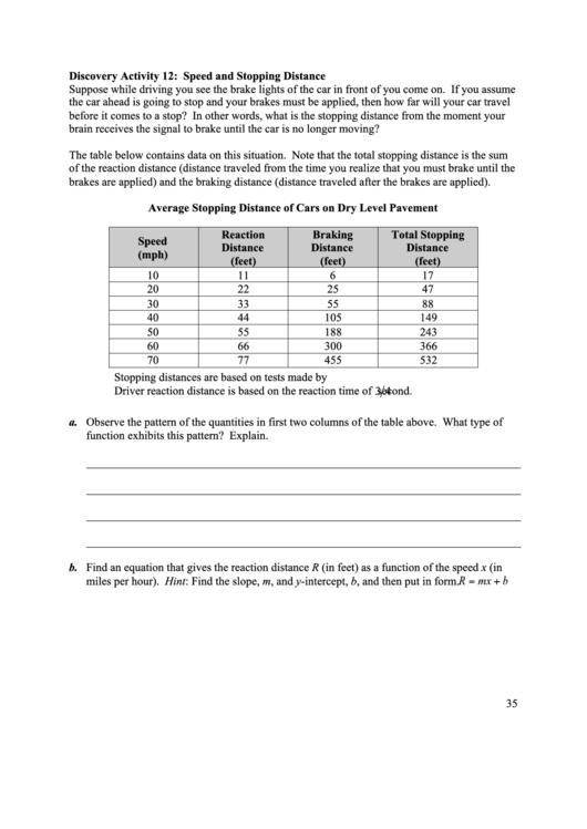 Discovery Activity 12: Speed And Stopping Distance Printable pdf