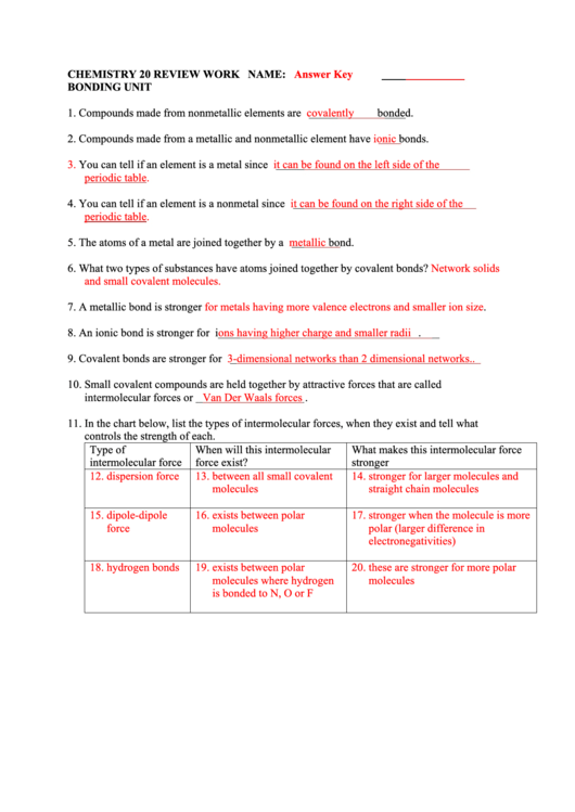 Chemical Bonding Worksheet Key