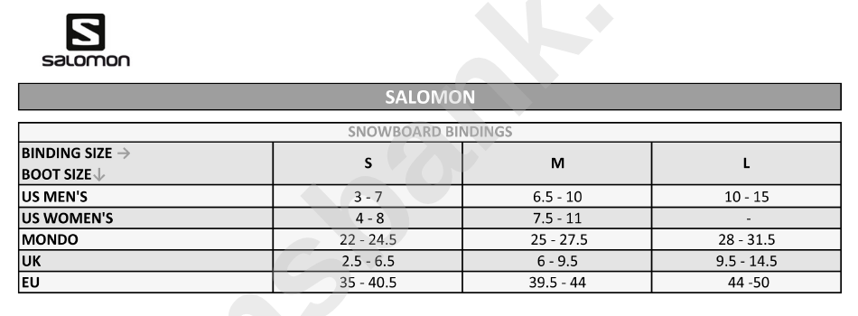 Salomon Snowboard Binding Size Chart