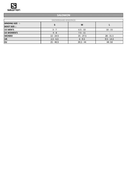 Salomon Snowboard Binding Size Chart Printable pdf