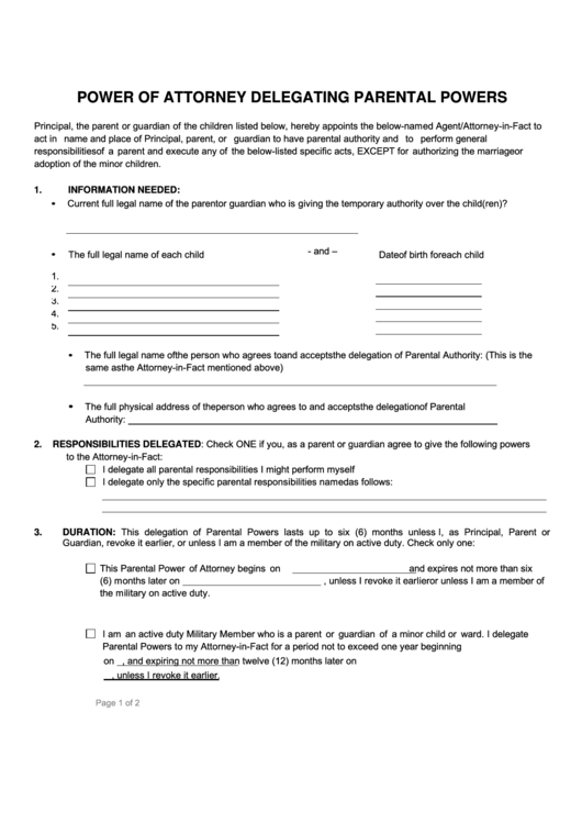 Fillable Power Of Attorney Form Delegating Parental Powers Printable Pdf Download