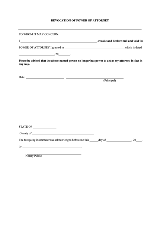 Fillable Revocation Of Power Of Attorney Form Printable pdf