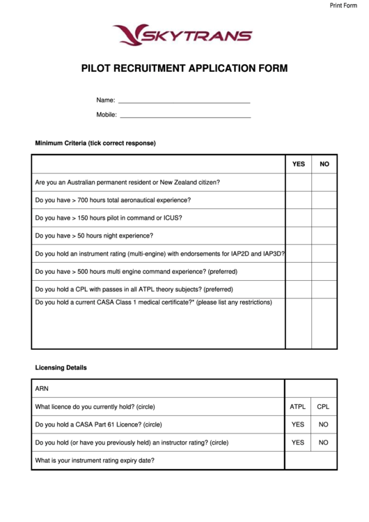 Fillable Pilot Recruitment Application Form printable pdf download