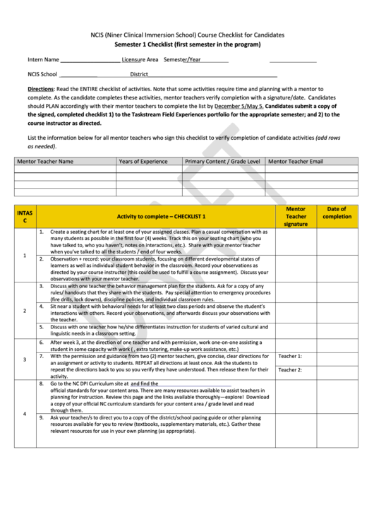 Ncis (Niner Clinical Immersion School) Course Checklist For Candidates Semester 1 Checklist (First Semester In The Program) Printable pdf