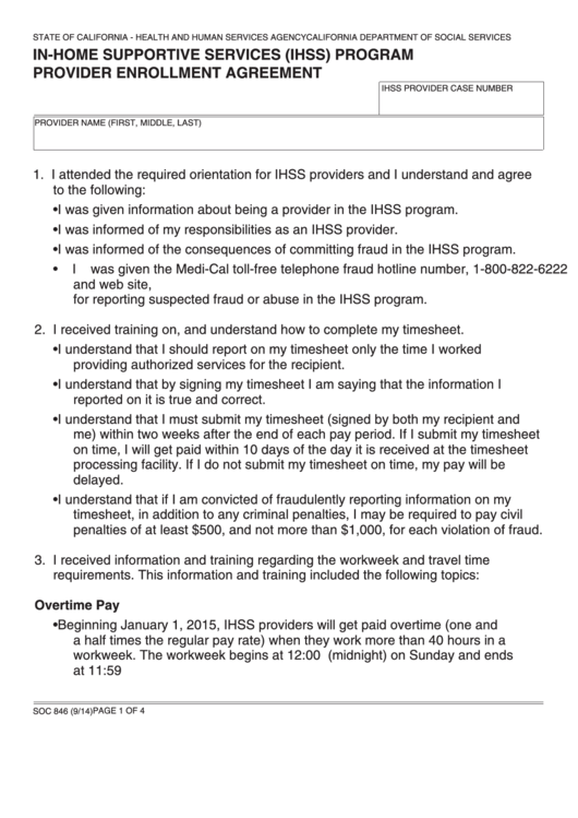 Fillable In-Home Supportive Services (Ihss) Program. Provider Enrollment Agreement. - California Printable pdf