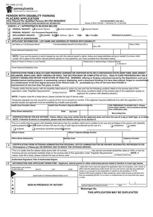 Fillable Form Mv-145a - 2013 Person With Disability Parking Placard Application Printable pdf