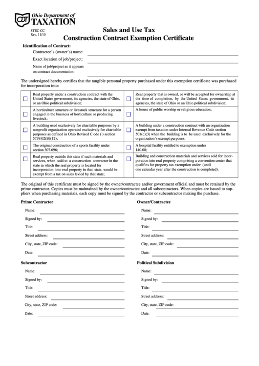 Form Stec-Cc - Construction Contract Exemption Certificate Printable pdf