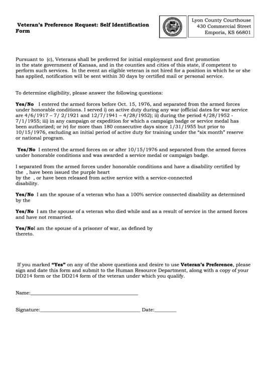 Veterans Preference Request: Self Identification Form Printable pdf