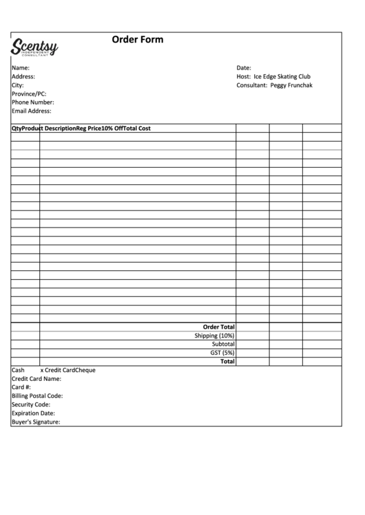 Scentsy Order Form Printable pdf
