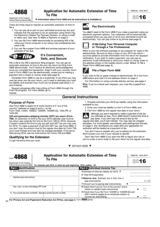 Form 4868 Application For Automatic Extension Of Time To File U s Individual Income Tax