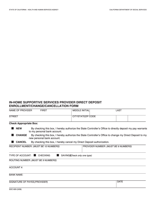 Fillable In-Home Supportive Services Provider Direct Deposit Enrollment /change /cancellation Form (California) Printable pdf