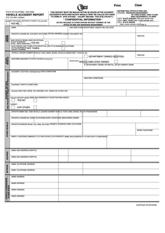 Fillable Form Std. 270 - Vehicle Accident Report Printable pdf
