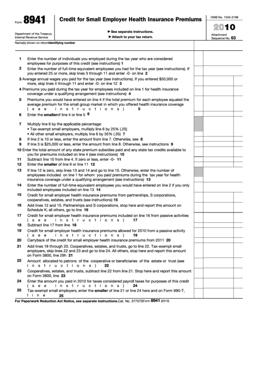 Fillable Form 8941 (2010) Credit For Small Employer Health Insurance Premiums Printable pdf