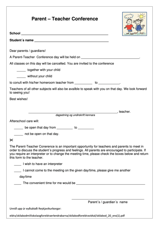 Parent - Teacher Conference Form Printable pdf