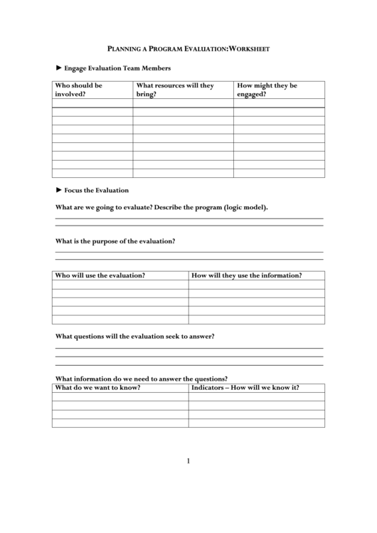 Planning A Program Evaluation Worksheet Printable pdf