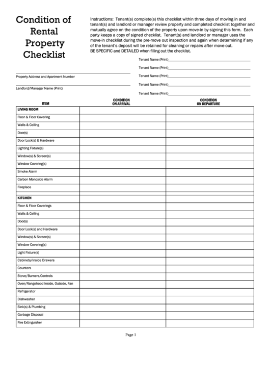 Condition Of Rental Property Checklist Printable pdf