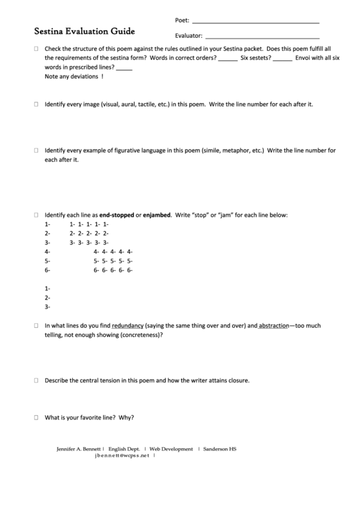 Sestina Poem Evaluation Guide Template Printable pdf