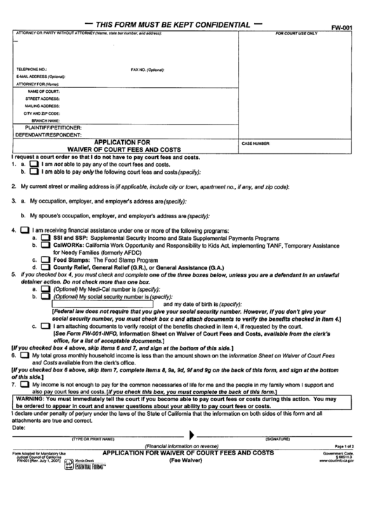 Application For Waiver Of Court Fees And Costs Printable pdf