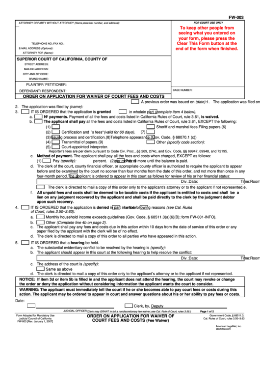 Fillable Form Fw-003 - Order On Application For Waiver Of Court Fees And Costs - 2007 Printable pdf