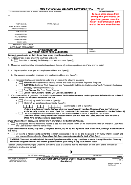 Fw 001 Application For Waiver Of Court Fees And Costs