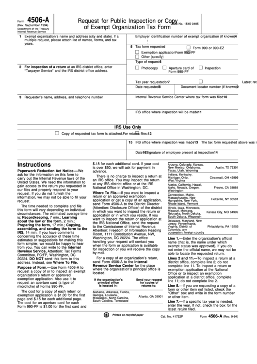 Form 4506-A - Request For Public Inspection Or Copy Of Exempt Organization Tax Form Printable pdf