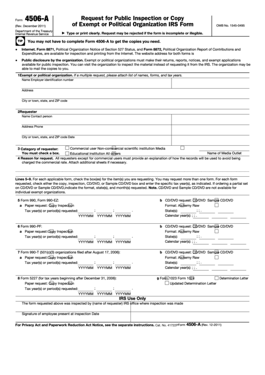 Fillable Form 4506-A - Request For Public Inspection Or Copy (Rev. August 2003) Of Exempt Or Political Organization Irs Form Printable pdf