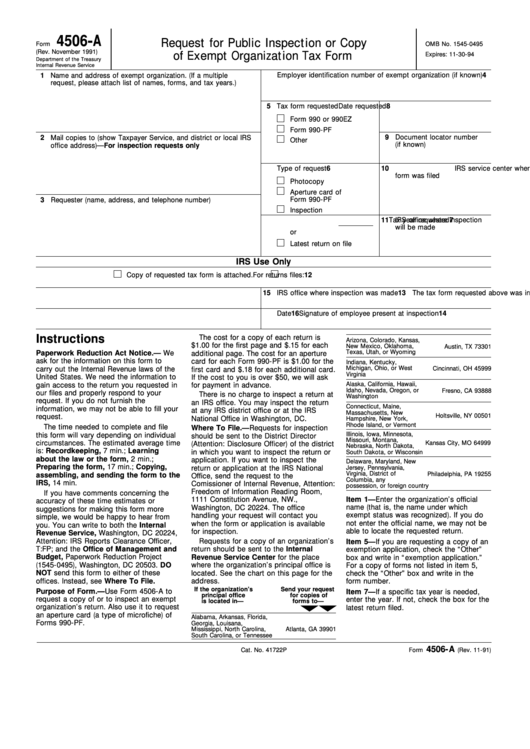 Form 4506-A - Request For Public Inspection Or Copy Of Exempt Organization Tax Form Printable pdf