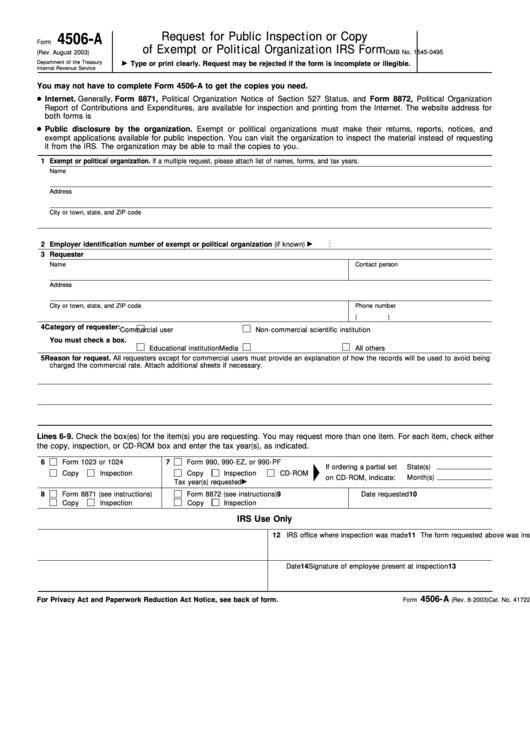 Fillable Form 4506-A - Request For Public Inspection Or Copy (Rev. August 2003) Of Exempt Or Political Organization Irs Form Printable pdf
