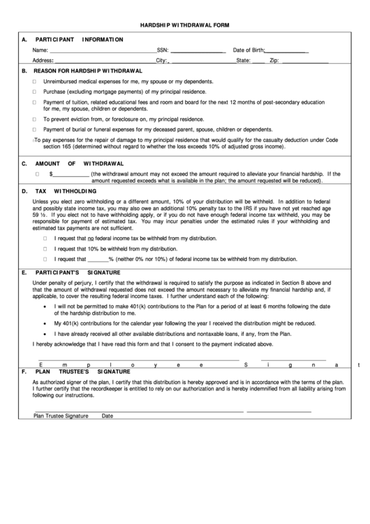 Hardship Withdrawal Form Printable pdf