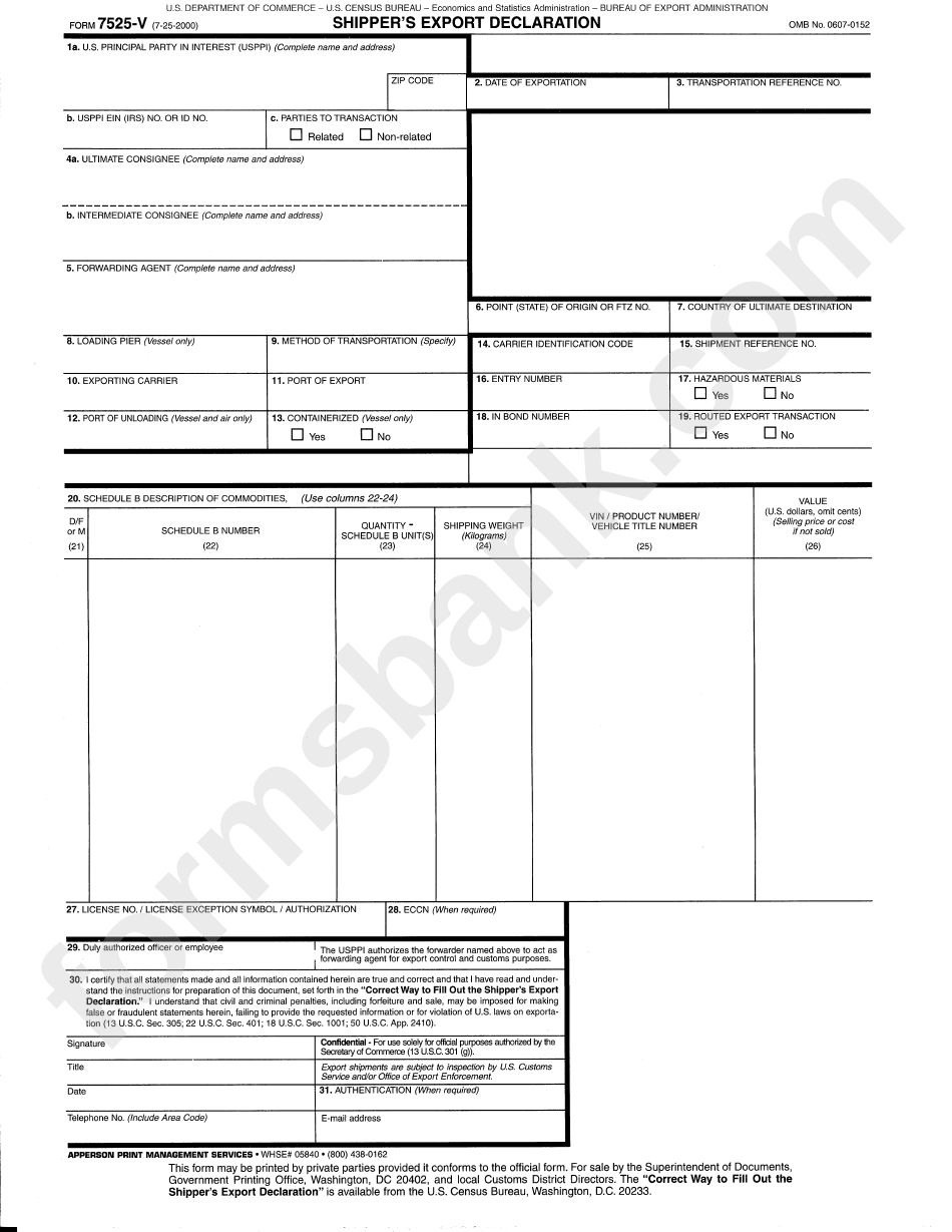 Shipper'S Export Declaration printable pdf download