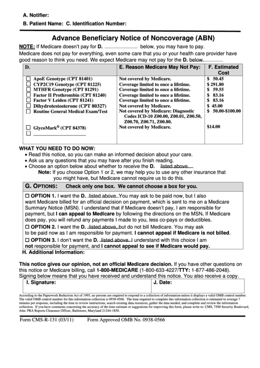 Fillable Advance Beneficiary Notice Printable Pdf Download