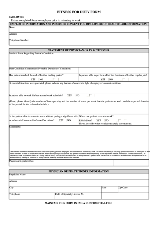 Fmla Fitness For Duty Form