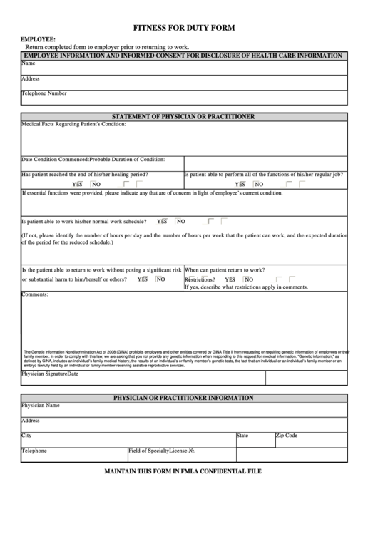 Fmla Fitness For Duty Form Printable Pdf Download