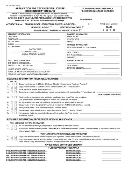 Fillable Form Dl-14a - Application For Texas Driver License Or Identification Card Printable pdf