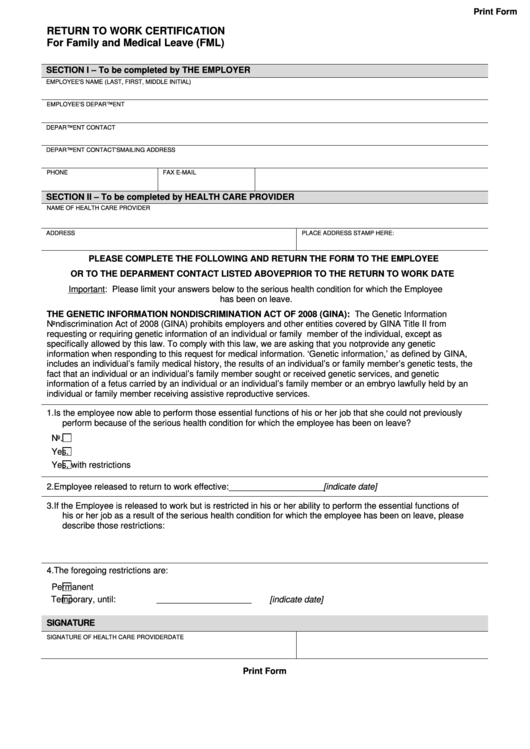 Fillable Return To Work Certification For Family And Medical Leave (Fml) Printable pdf
