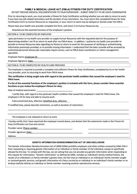 Fillable Family & Medical Leave Act (Fmla) Fitness For Duty Certification Form Printable pdf