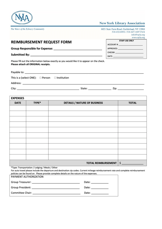 Fillable Nyla Reimbursement Request Form Printable pdf
