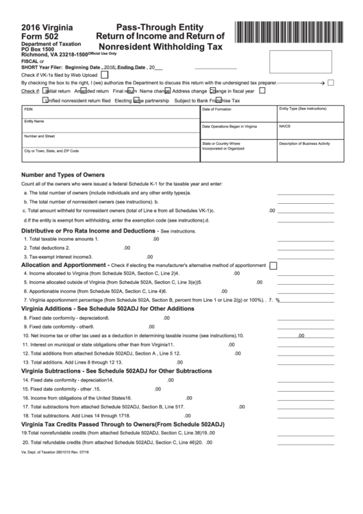 Fillable Virginia Form 502 - Pass-Through Entity Return Of Income And Return Of Nonresident Withholding Tax - 2016 Printable pdf