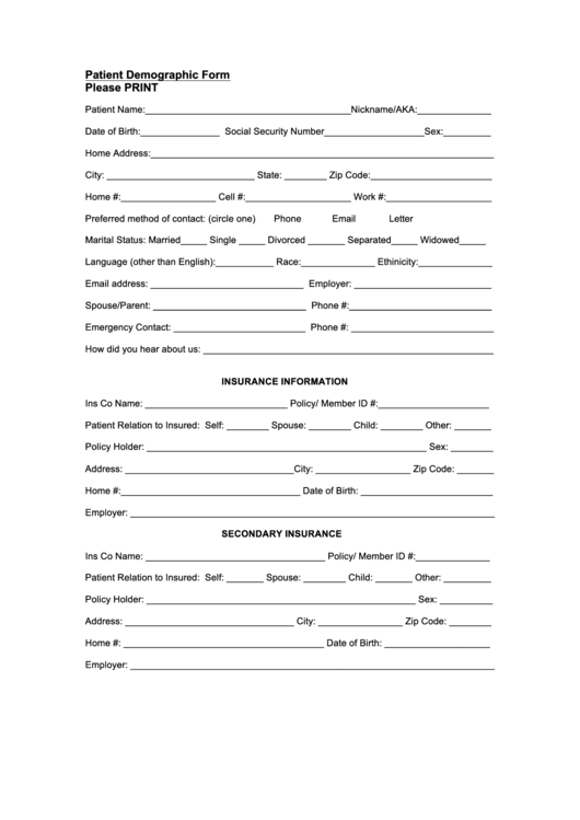 Patient Demographic Form Printable Pdf Download