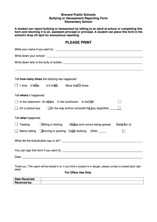 Fillable Brevard Public Schools Bullying Or Harassment Reporting Form Elementary School Printable pdf