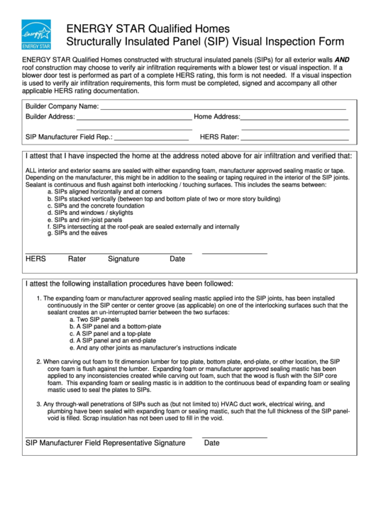 Energy Star Qualified Homes Structurally Insulated Panel (Sip) Visual Inspection Form Printable pdf