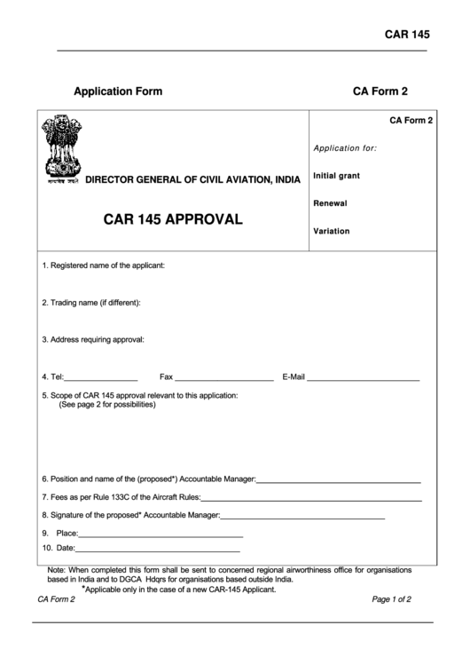 Fillable Car 145 Approval Civil Aviation India Printable pdf